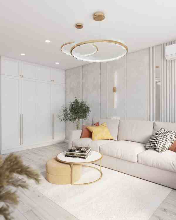 Világos, rendezett nappali letisztult bútorokkal